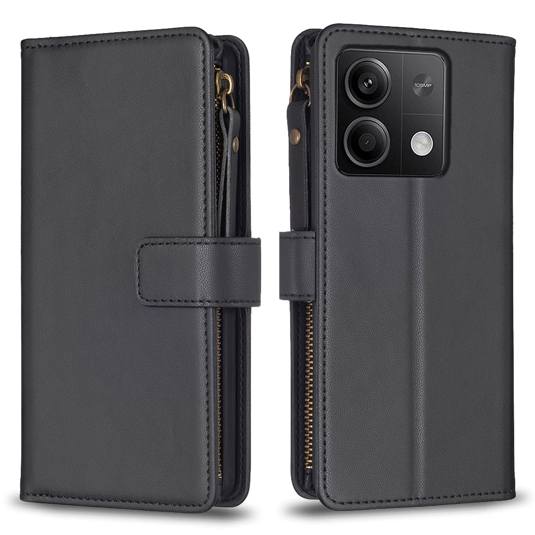 Xiaomi Redmi Note 13 4G Global Leather Flip Phone Case with Zipper Wallet and 9 Card Slots, Durable PU + TPU Material