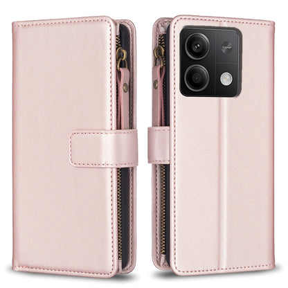 Xiaomi Redmi Note 13 4G Global Leather Flip Phone Case with Zipper Wallet and 9 Card Slots, Durable PU + TPU Material