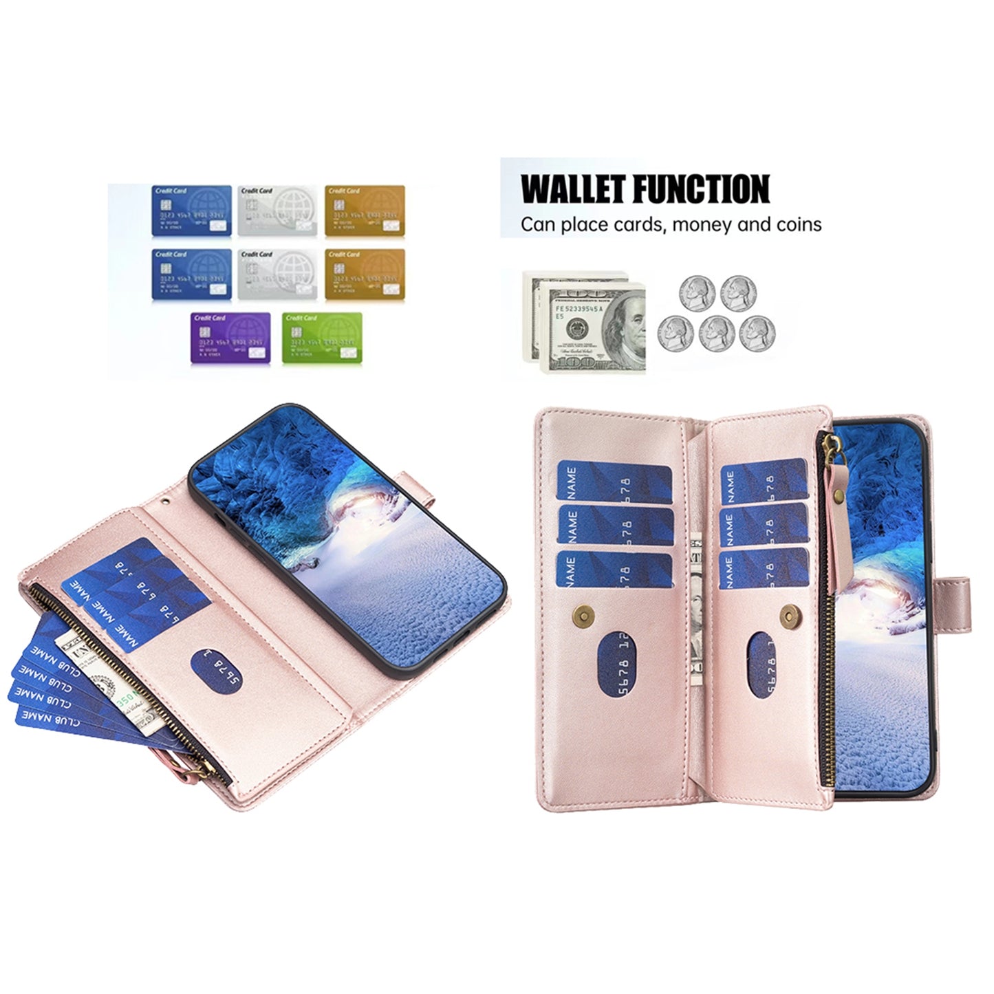 Xiaomi Redmi Note 13 4G Global Leather Flip Phone Case with Zipper Wallet and 9 Card Slots, Durable PU + TPU Material