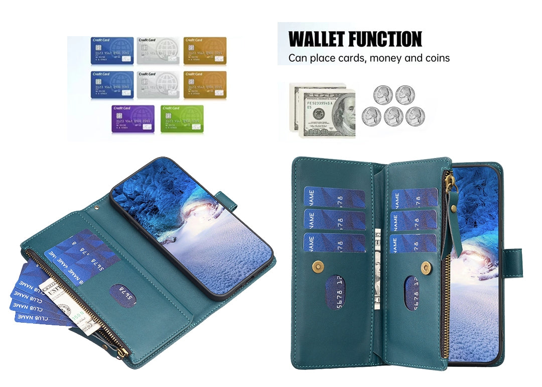 Xiaomi Redmi Note 13 Pro 4G Global Leather Flip Phone Case with Zipper Wallet and 9 Card Slots, Durable PU + TPU Material