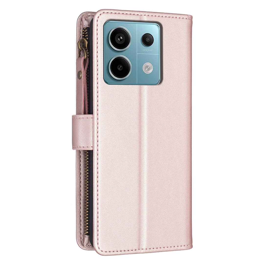 Xiaomi Redmi Note 13 Pro 4G Global Leather Flip Phone Case with Zipper Wallet and 9 Card Slots, Durable PU + TPU Material