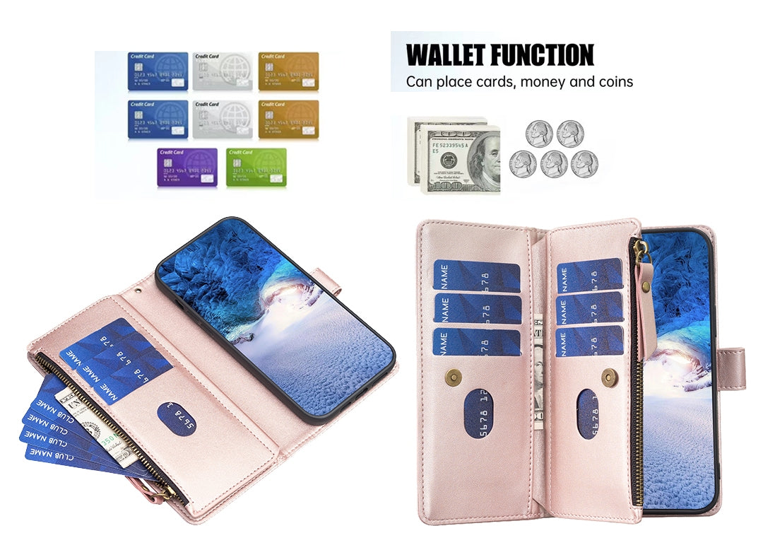 Xiaomi Redmi Note 13 Pro 4G Global Leather Flip Phone Case with Zipper Wallet and 9 Card Slots, Durable PU + TPU Material