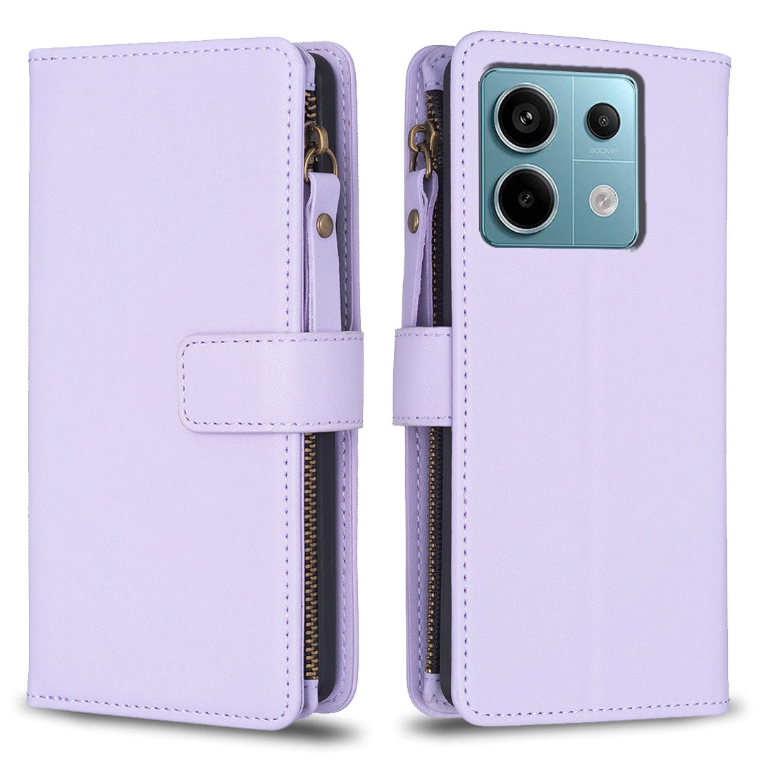 Xiaomi Redmi Note 13 Pro 4G Global Leather Flip Phone Case with Zipper Wallet and 9 Card Slots, Durable PU + TPU Material