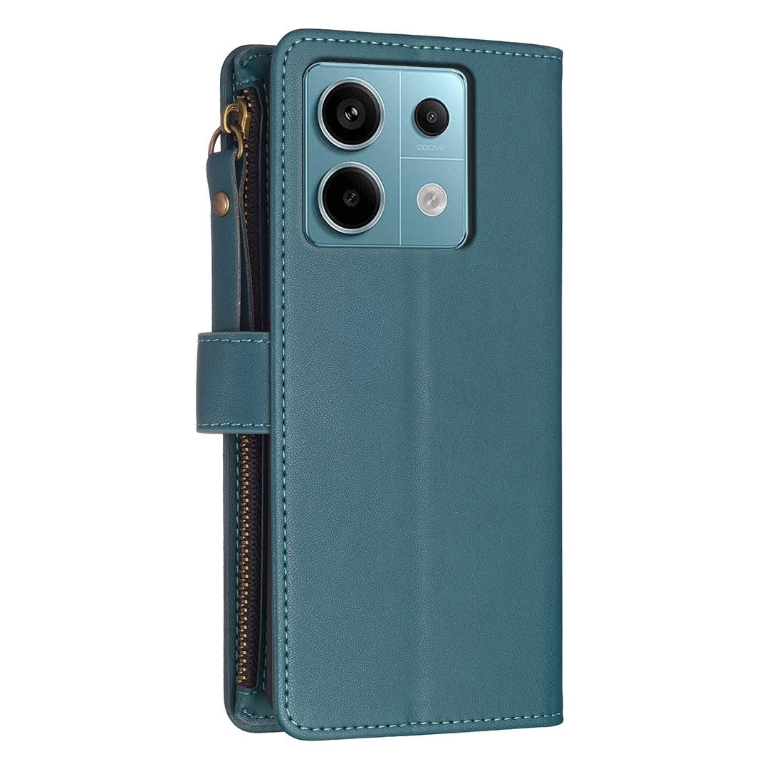 Xiaomi Poco M6 Pro 4G Leather Flip Phone Case with Zipper Wallet and 9 Card Slots, Durable PU + TPU Material