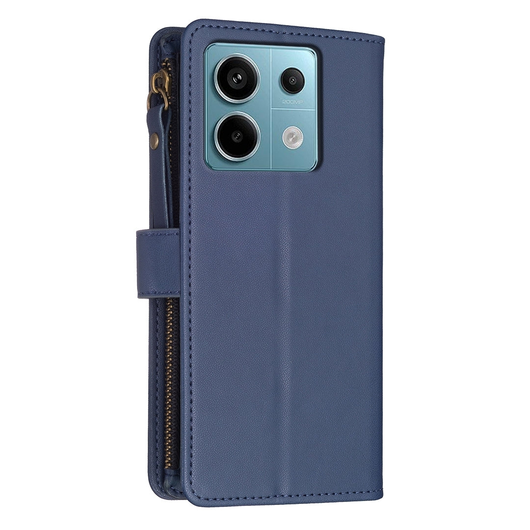 Xiaomi Poco M6 Pro 4G Leather Flip Phone Case with Zipper Wallet and 9 Card Slots, Durable PU + TPU Material