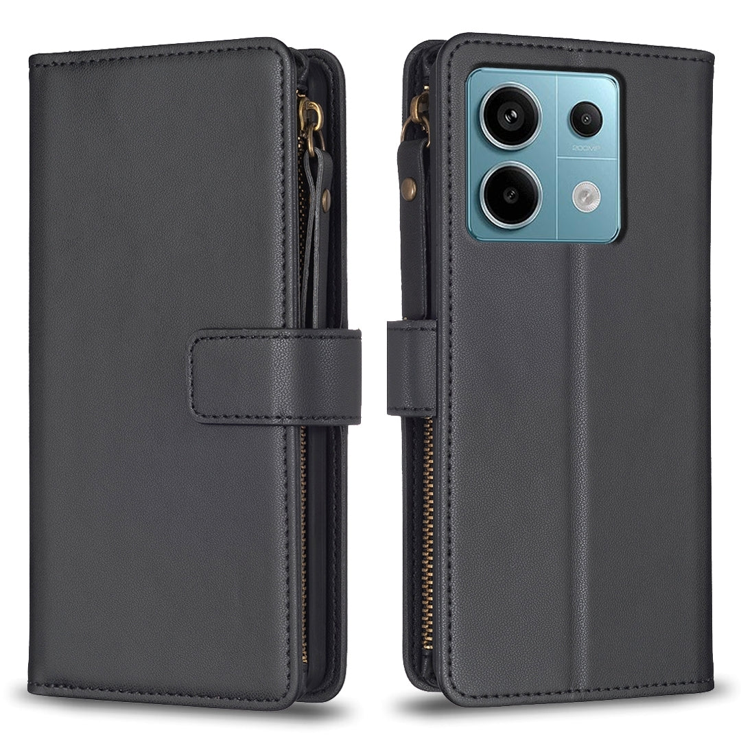 Xiaomi Poco M6 Pro 4G Leather Flip Phone Case with Zipper Wallet and 9 Card Slots, Durable PU + TPU Material