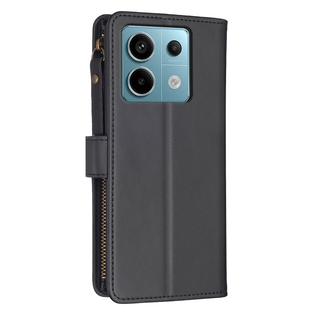 Xiaomi Poco M6 Pro 4G Leather Flip Phone Case with Zipper Wallet and 9 Card Slots, Durable PU + TPU Material