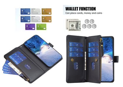 Xiaomi Poco M6 Pro 4G Leather Flip Phone Case with Zipper Wallet and 9 Card Slots, Durable PU + TPU Material