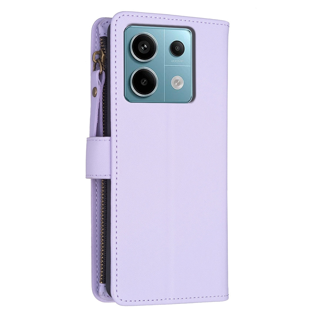 Xiaomi Poco M6 Pro 4G Leather Flip Phone Case with Zipper Wallet and 9 Card Slots, Durable PU + TPU Material