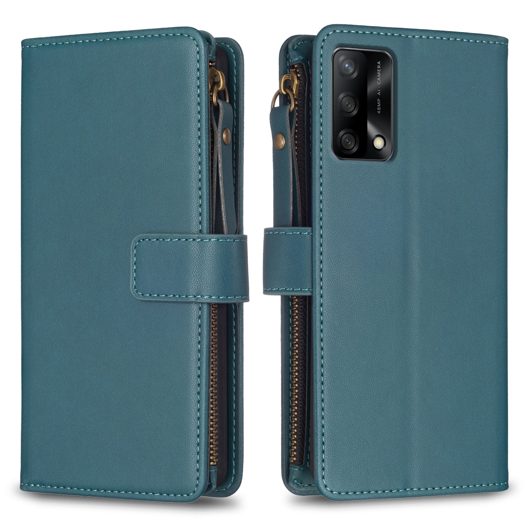 OPPO F19 4G Leather Flip Phone Case with Zipper Wallet and 9 Card Slots, Durable PU + TPU Material
