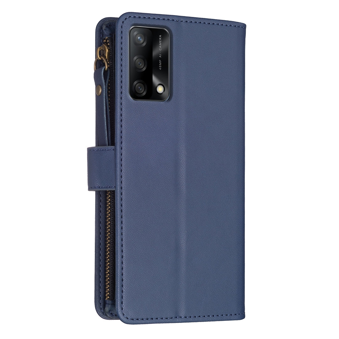 OPPO A74 4G Leather Flip Phone Case with Zipper Wallet and 9 Card Slots, Durable PU + TPU Material
