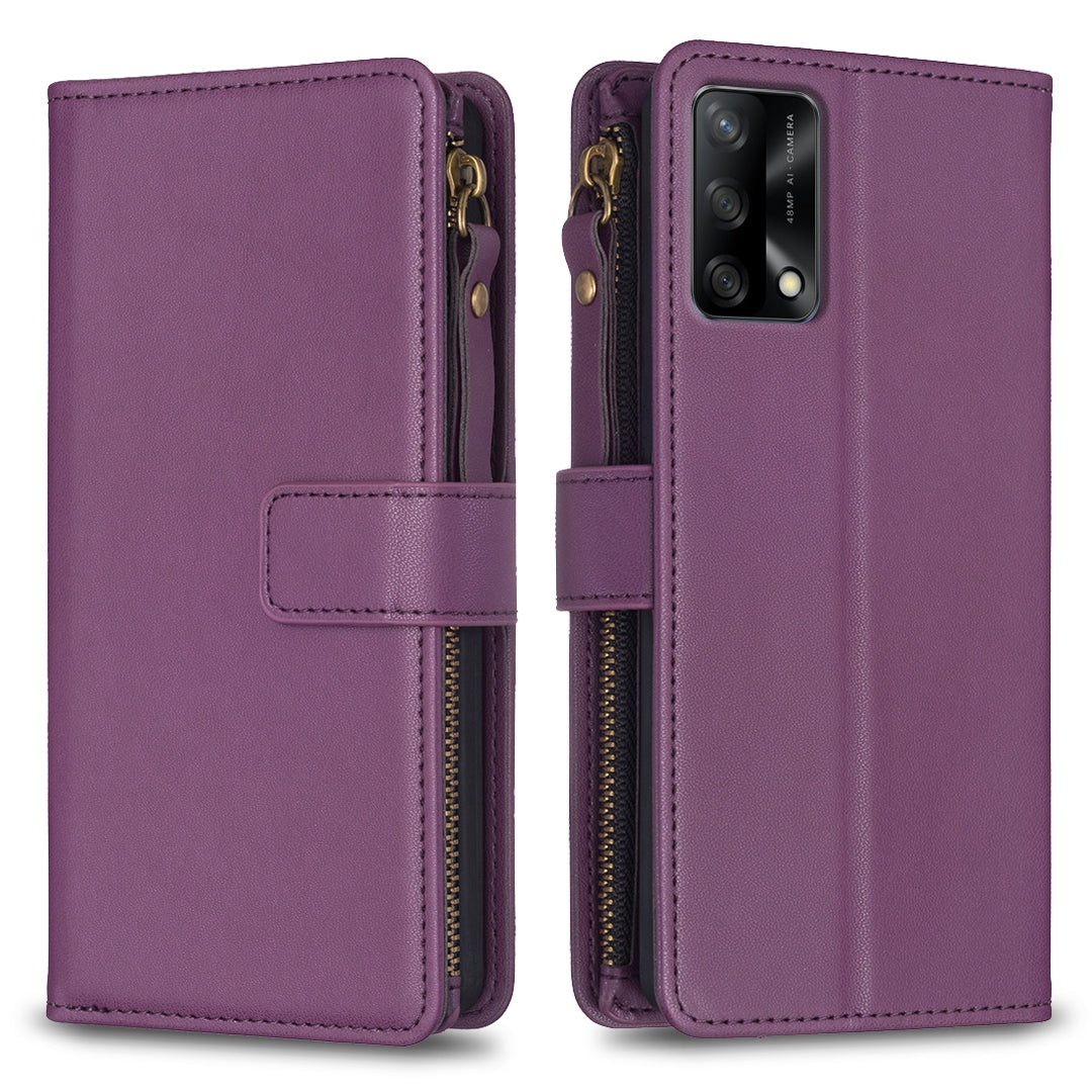 OPPO A74 4G Leather Flip Phone Case with Zipper Wallet and 9 Card Slots, Durable PU + TPU Material