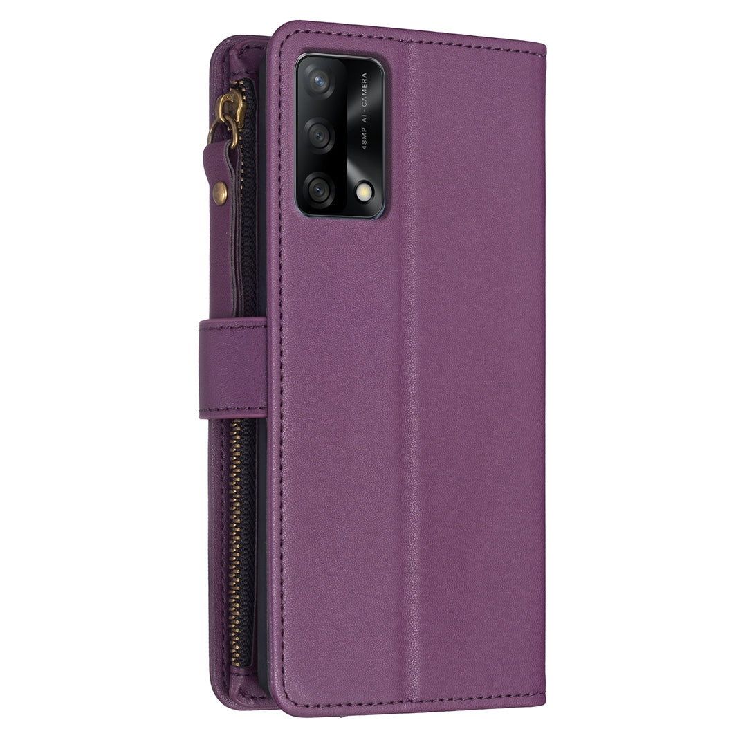 OPPO F19 4G Leather Flip Phone Case with Zipper Wallet and 9 Card Slots, Durable PU + TPU Material