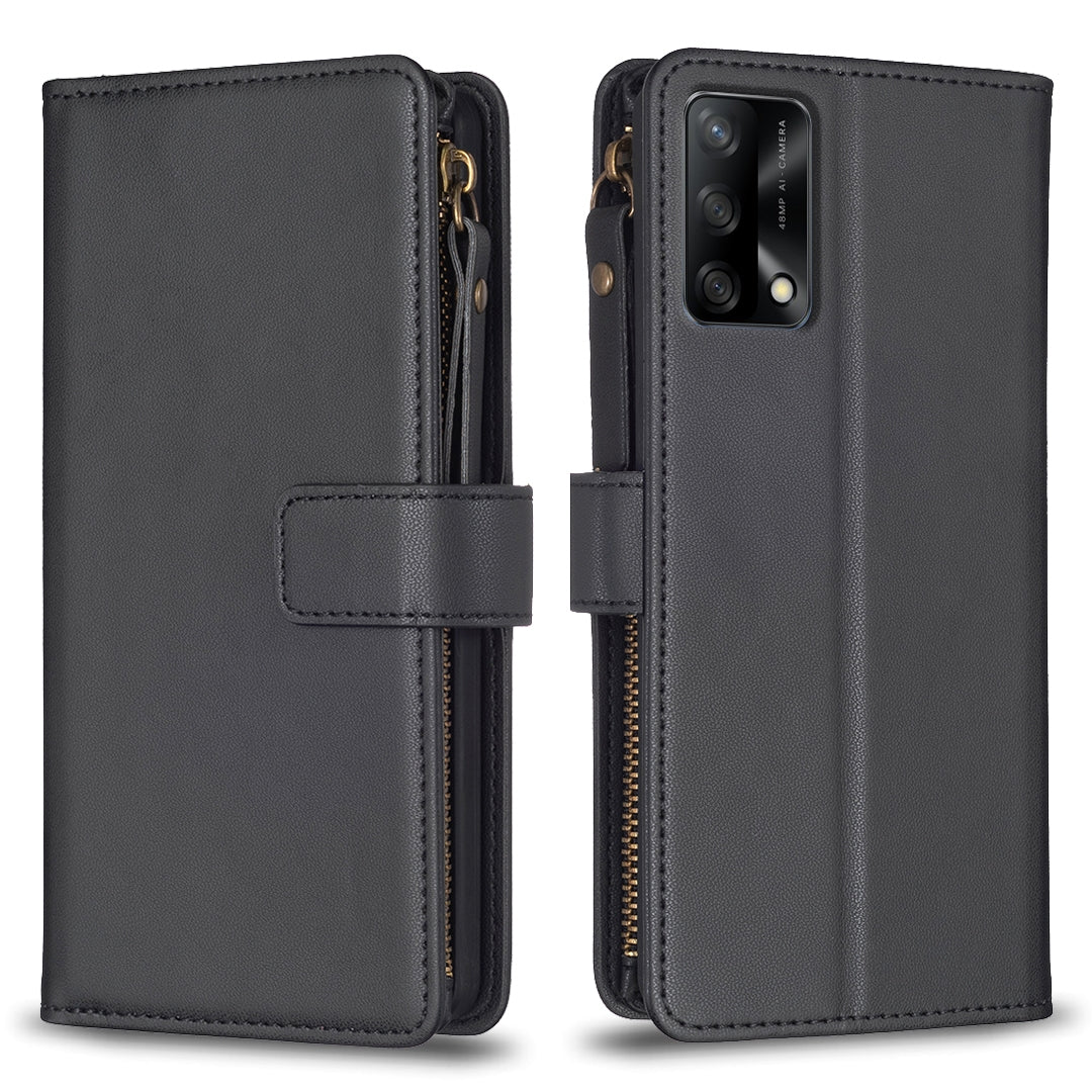 OPPO F19 4G Leather Flip Phone Case with Zipper Wallet and 9 Card Slots, Durable PU + TPU Material