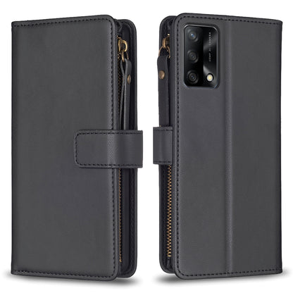OPPO F19 4G Leather Flip Phone Case with Zipper Wallet and 9 Card Slots, Durable PU + TPU Material