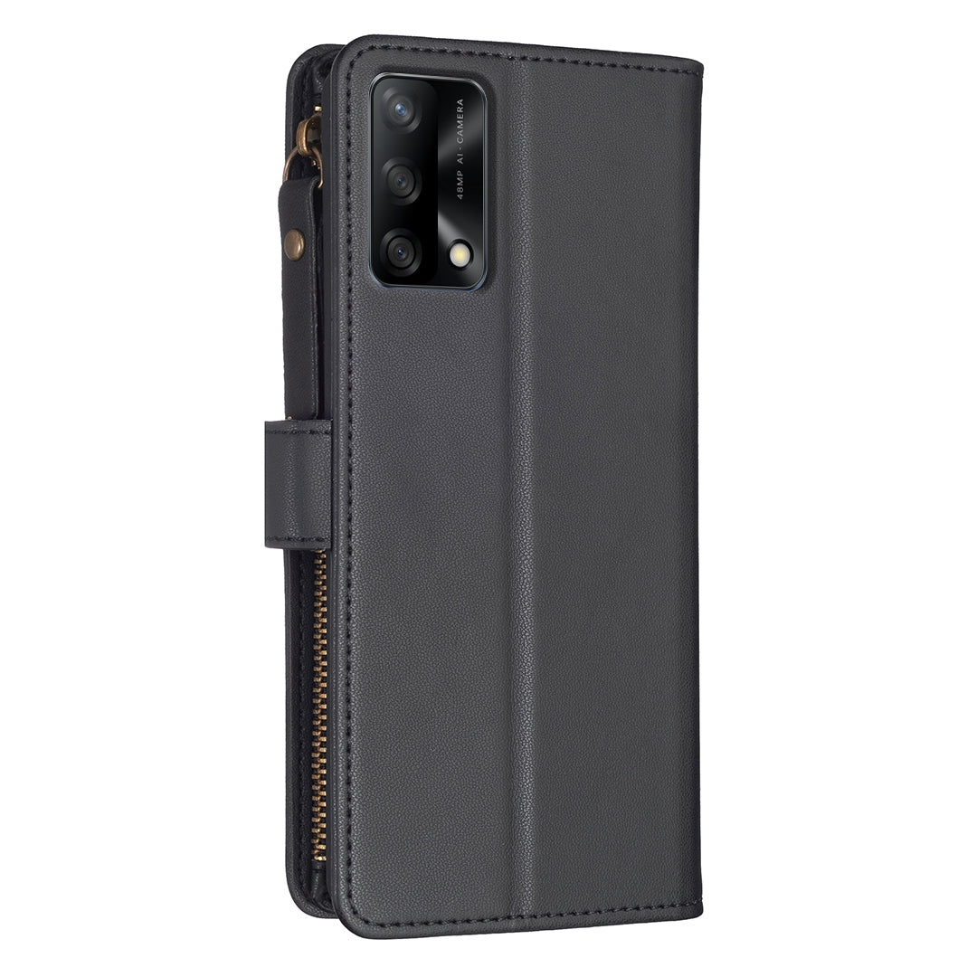 OPPO A74 4G Leather Flip Phone Case with Zipper Wallet and 9 Card Slots, Durable PU + TPU Material