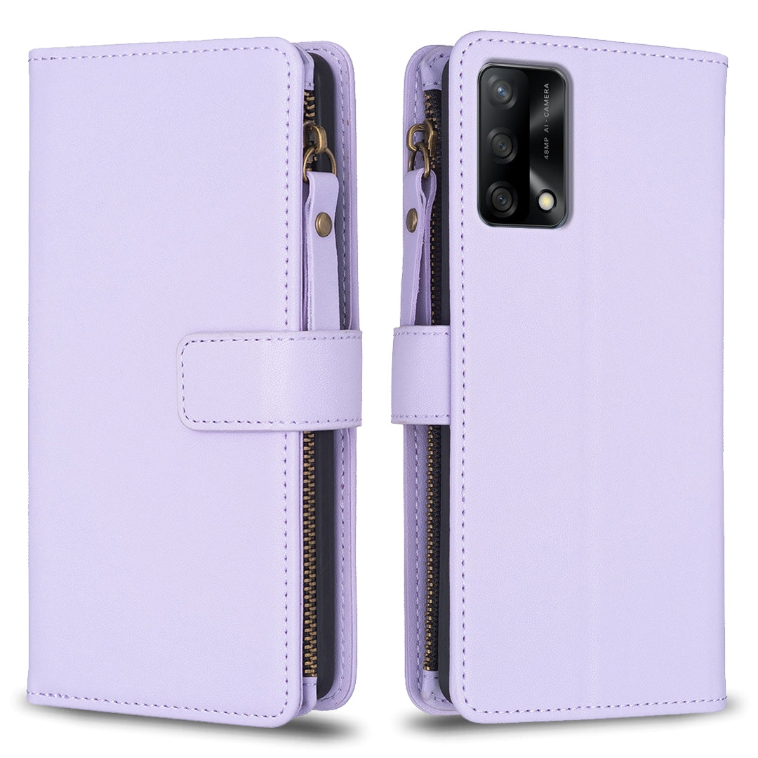 OPPO A74 4G Leather Flip Phone Case with Zipper Wallet and 9 Card Slots, Durable PU + TPU Material