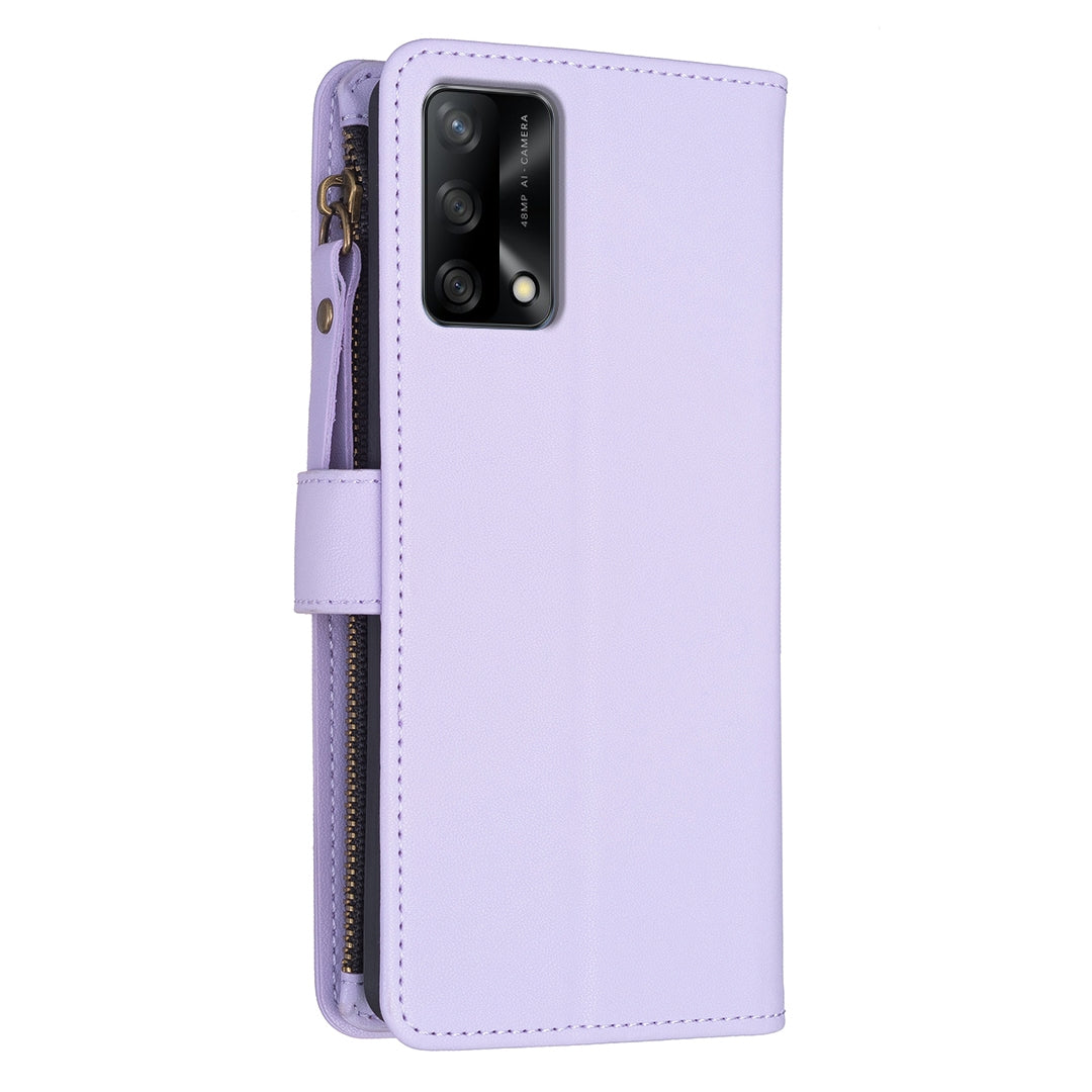 OPPO F19 4G Leather Flip Phone Case with Zipper Wallet and 9 Card Slots, Durable PU + TPU Material