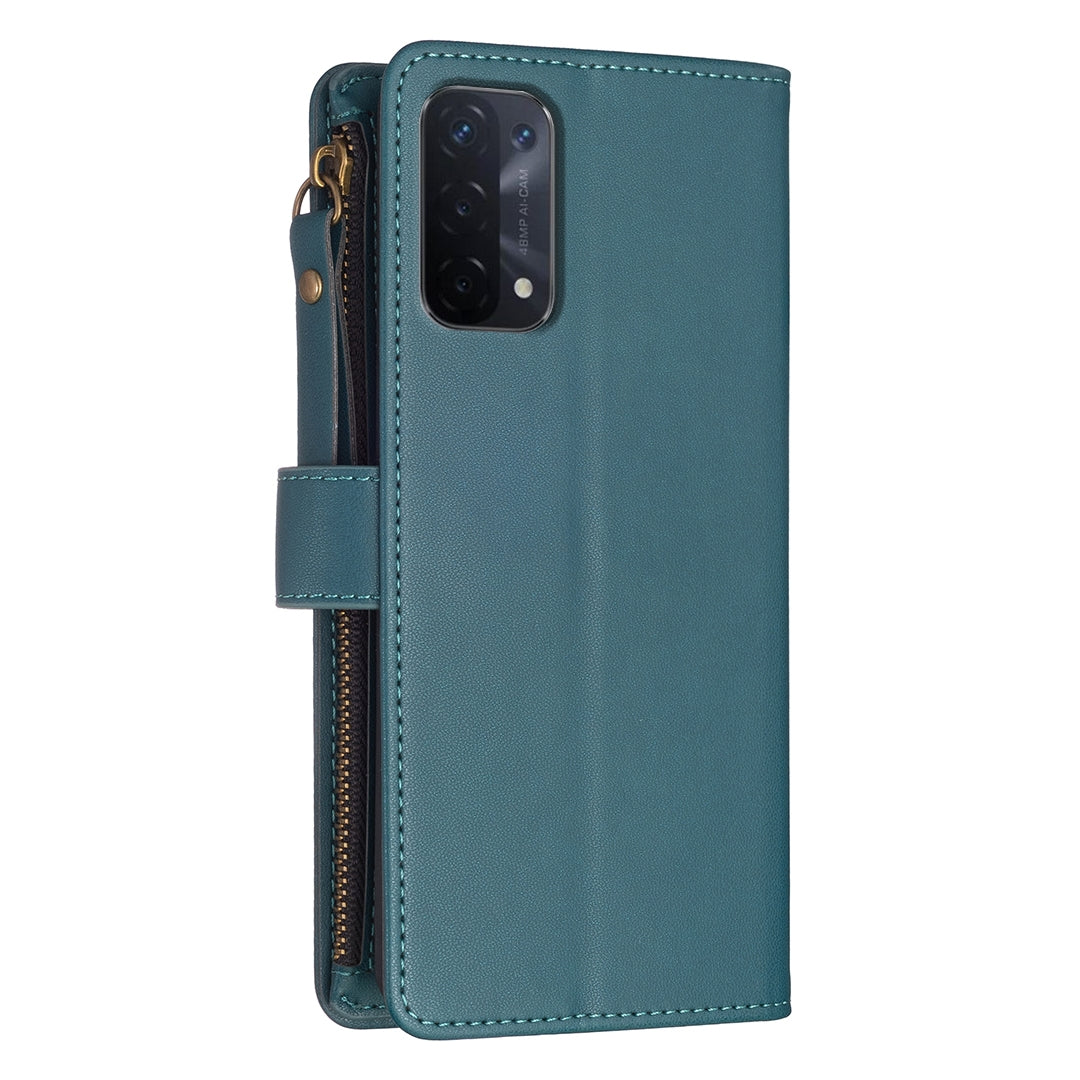 OPPO A74 5G Leather Flip Phone Case with Zipper Wallet and 9 Card Slots, Durable PU + TPU Material