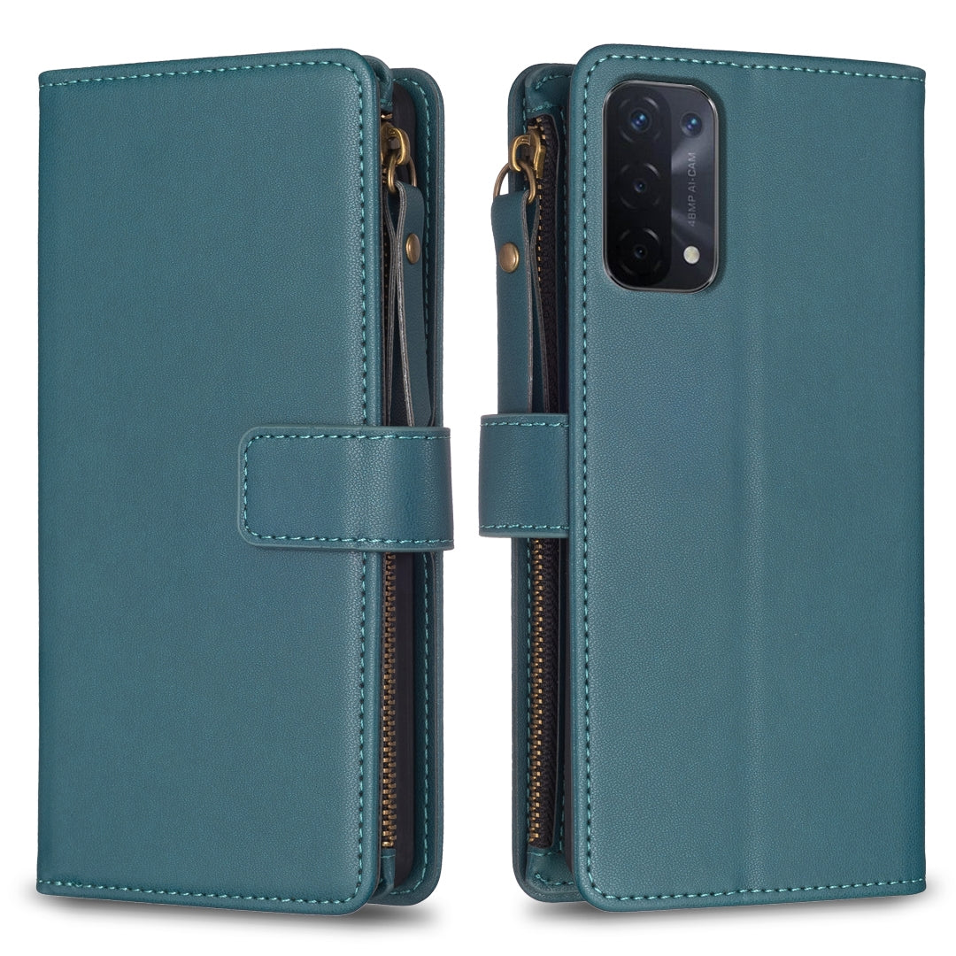 OPPO A54 5G Leather Flip Phone Case with Zipper Wallet and 9 Card Slots, Durable PU + TPU Material