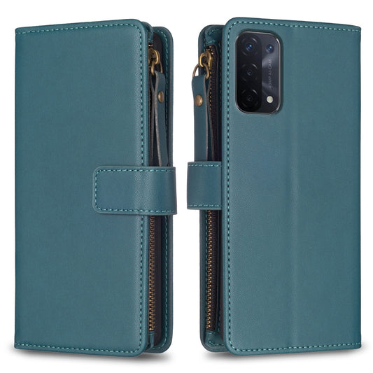 OPPO A54 5G Leather Flip Phone Case with Zipper Wallet and 9 Card Slots, Durable PU + TPU Material