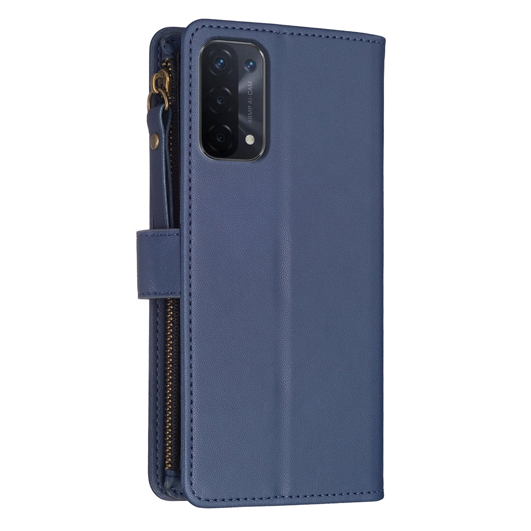 OPPO A54 5G Leather Flip Phone Case with Zipper Wallet and 9 Card Slots, Durable PU + TPU Material