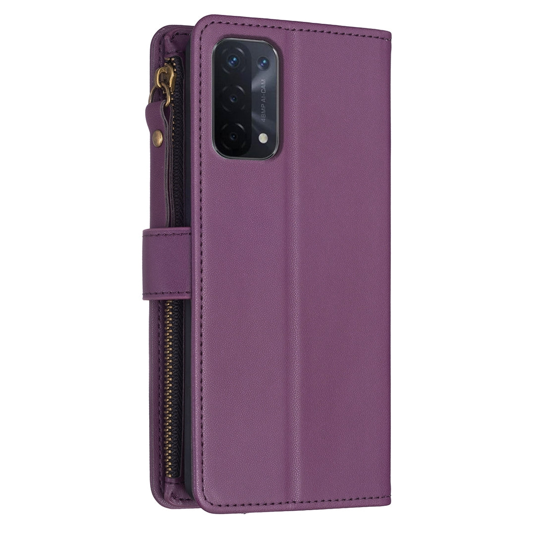 OPPO A54 5G Leather Flip Phone Case with Zipper Wallet and 9 Card Slots, Durable PU + TPU Material