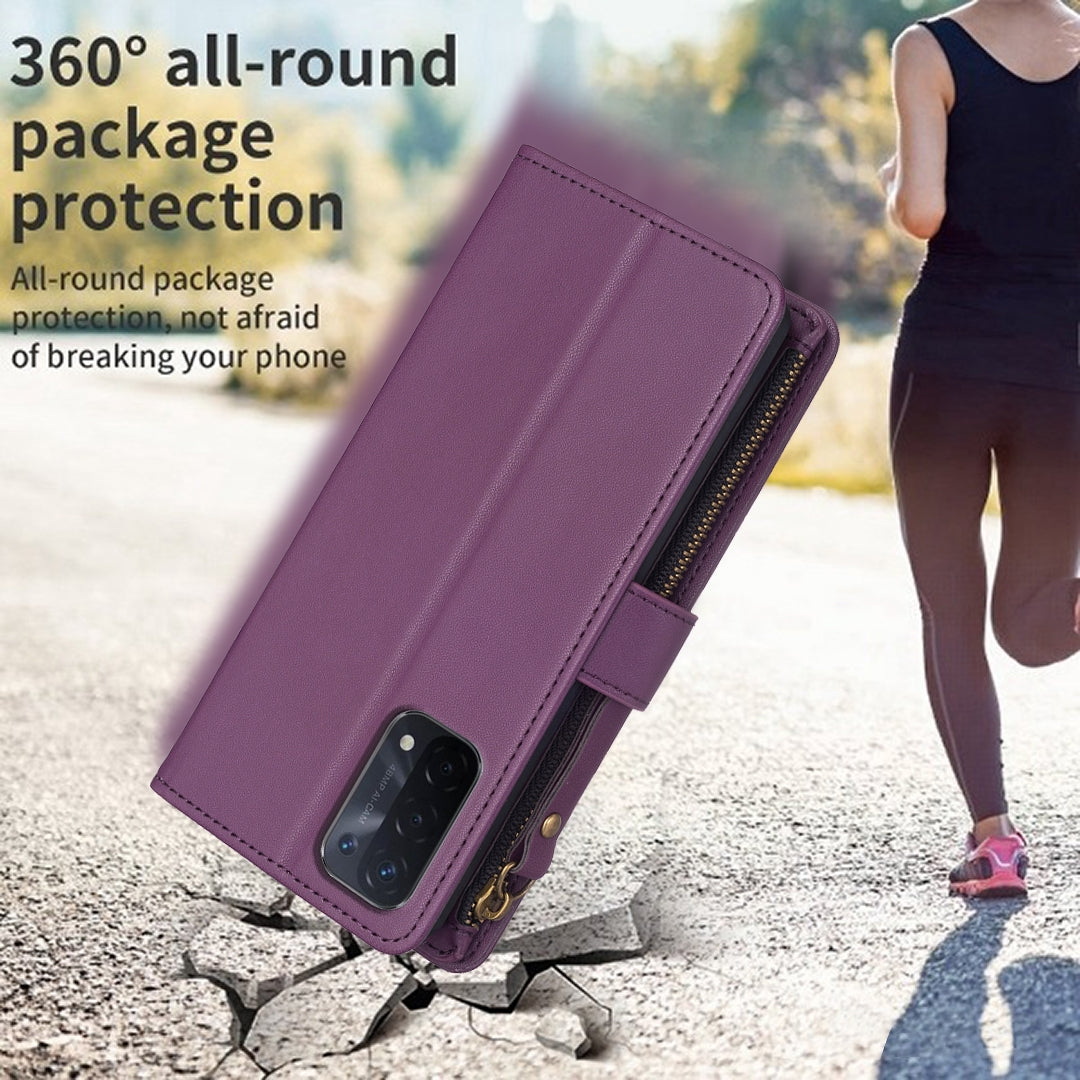 OPPO A74 5G Leather Flip Phone Case with Zipper Wallet and 9 Card Slots, Durable PU + TPU Material