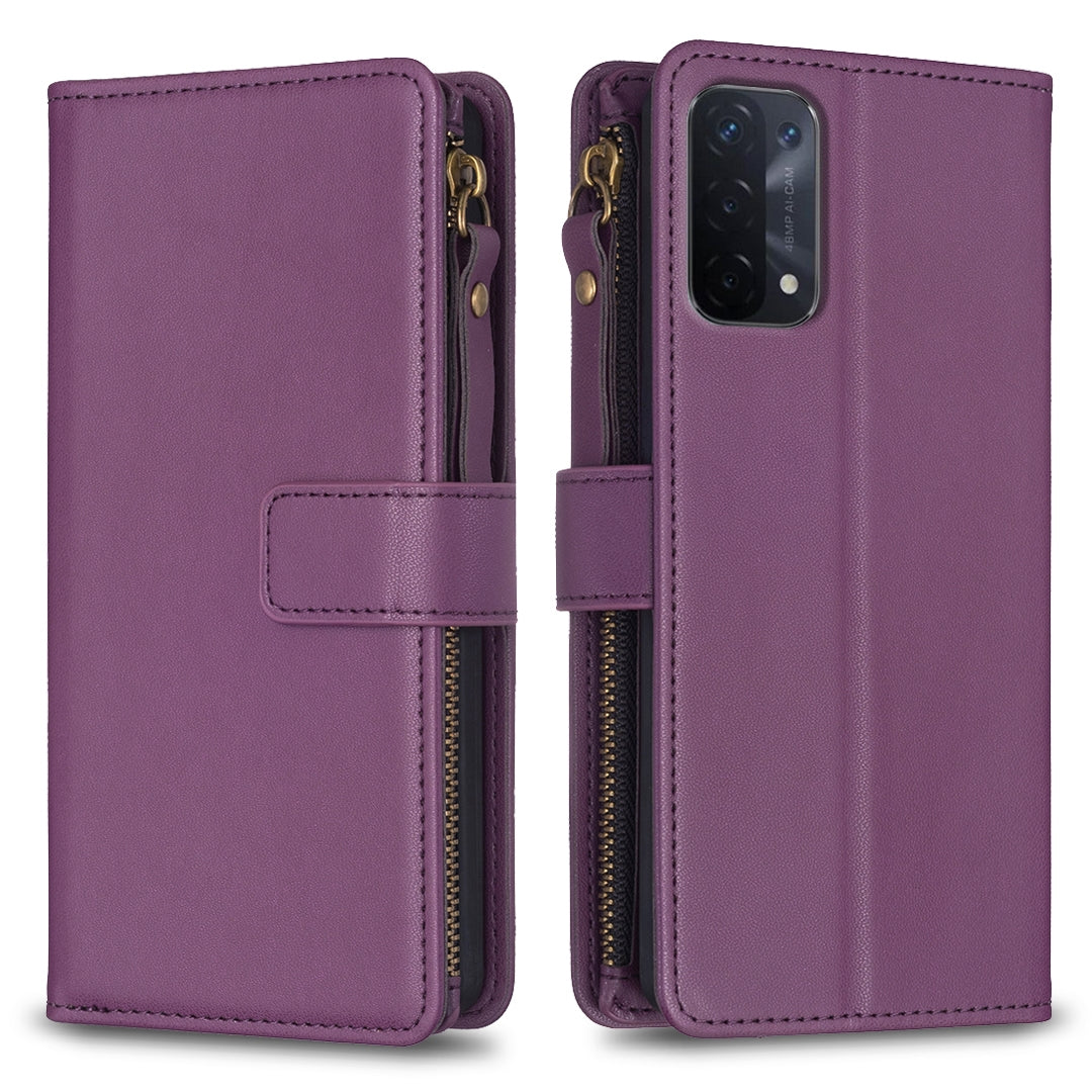 OPPO A54 5G Leather Flip Phone Case with Zipper Wallet and 9 Card Slots, Durable PU + TPU Material
