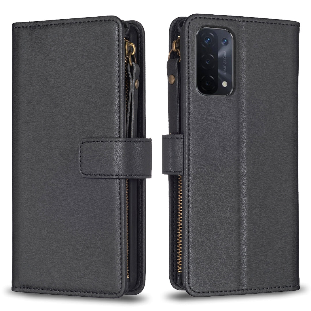 OPPO A74 5G Leather Flip Phone Case with Zipper Wallet and 9 Card Slots, Durable PU + TPU Material