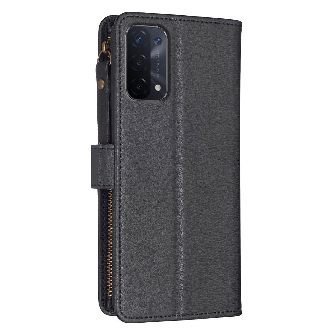 OPPO A54 5G Leather Flip Phone Case with Zipper Wallet and 9 Card Slots, Durable PU + TPU Material