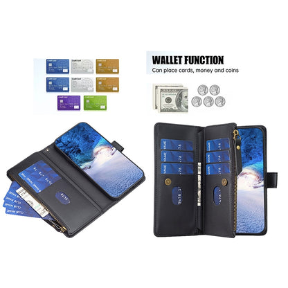 OPPO A74 5G Leather Flip Phone Case with Zipper Wallet and 9 Card Slots, Durable PU + TPU Material