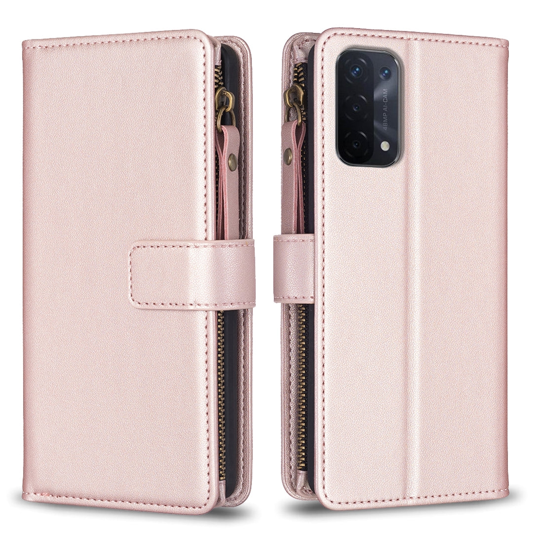 OPPO A54 5G Leather Flip Phone Case with Zipper Wallet and 9 Card Slots, Durable PU + TPU Material