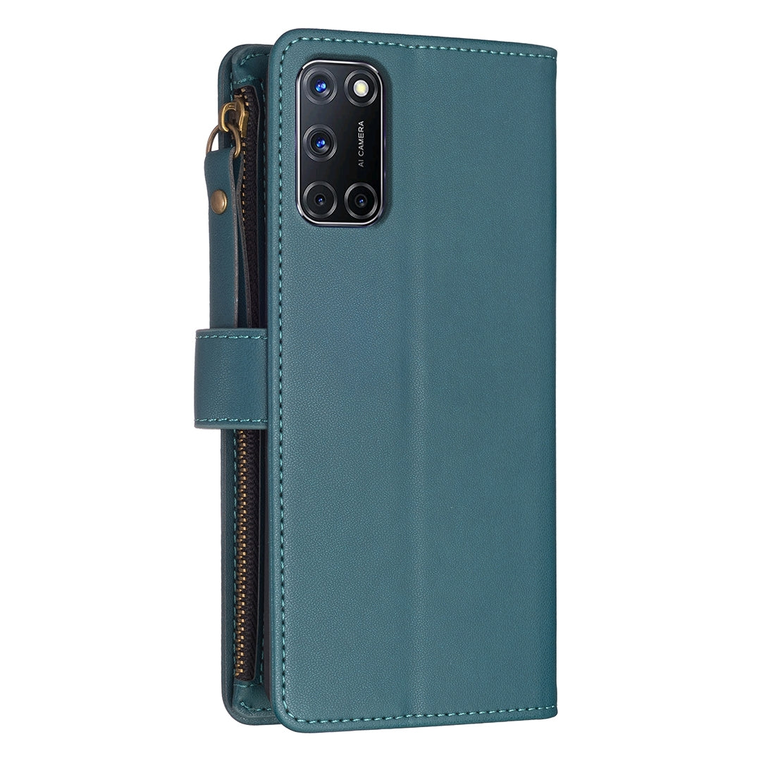OPPO A92 Leather Flip Phone Case with Zipper Wallet and 9 Card Slots, Durable PU + TPU Material