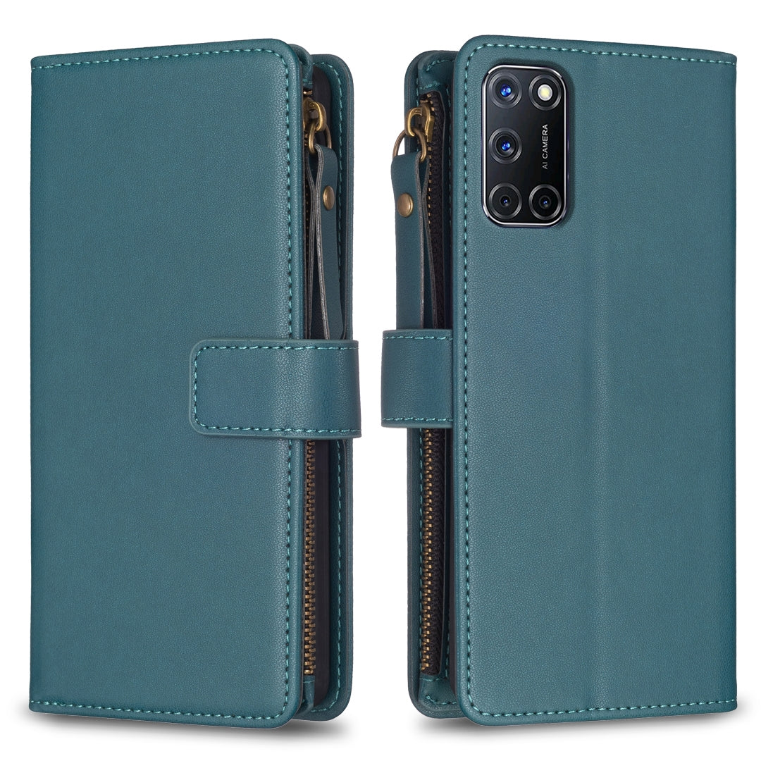 OPPO A52 Leather Flip Phone Case with Zipper Wallet and 9 Card Slots, Durable PU + TPU Material