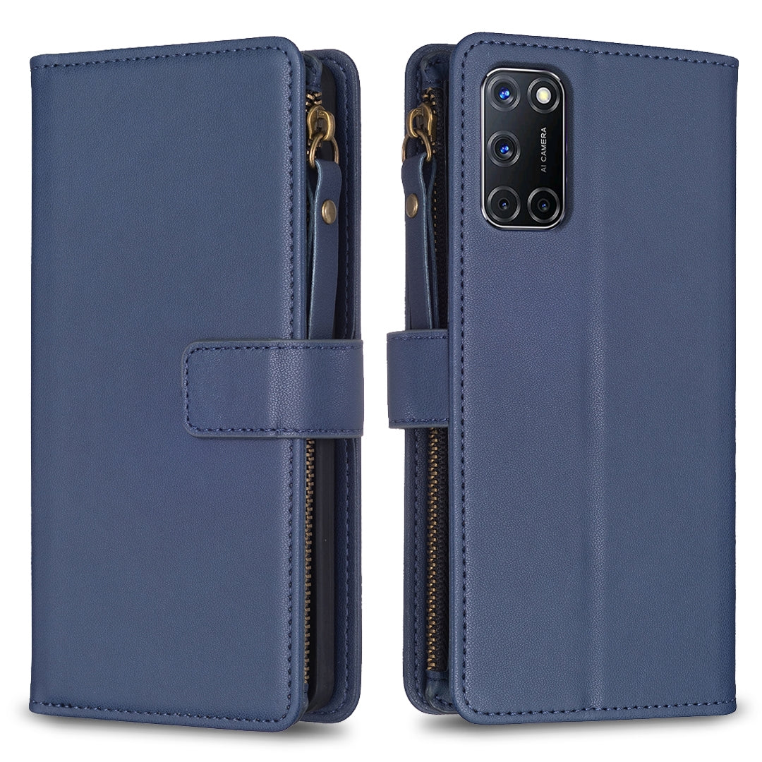 OPPO A92 Leather Flip Phone Case with Zipper Wallet and 9 Card Slots, Durable PU + TPU Material