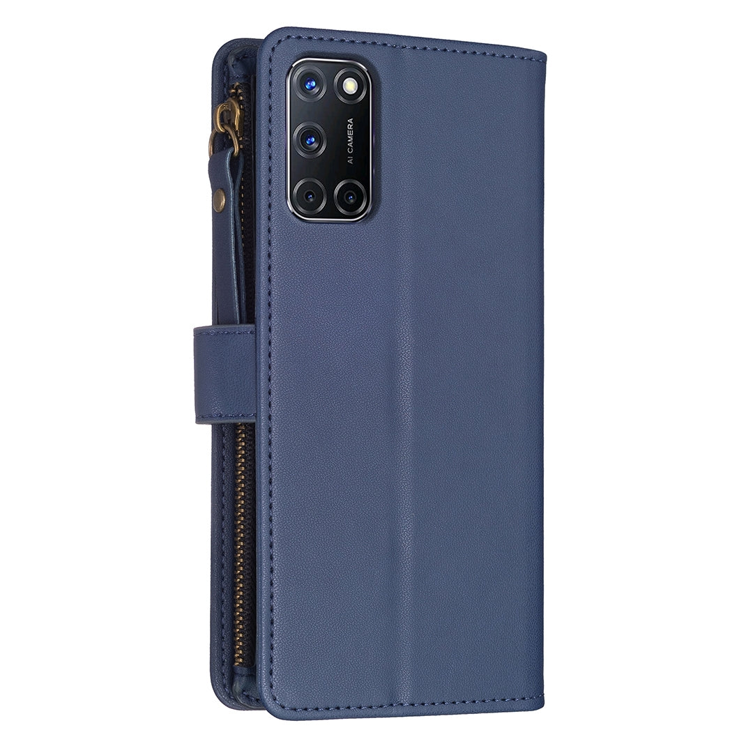 OPPO A92 Leather Flip Phone Case with Zipper Wallet and 9 Card Slots, Durable PU + TPU Material