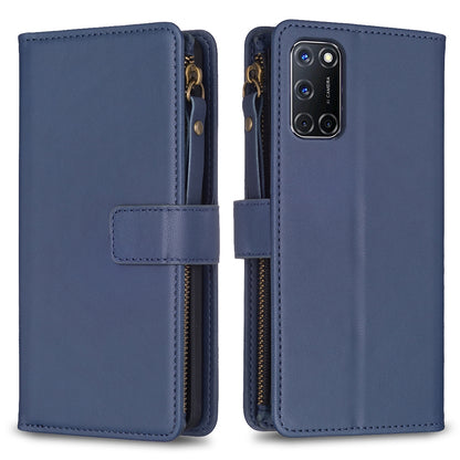 OPPO A52 Leather Flip Phone Case with Zipper Wallet and 9 Card Slots, Durable PU + TPU Material