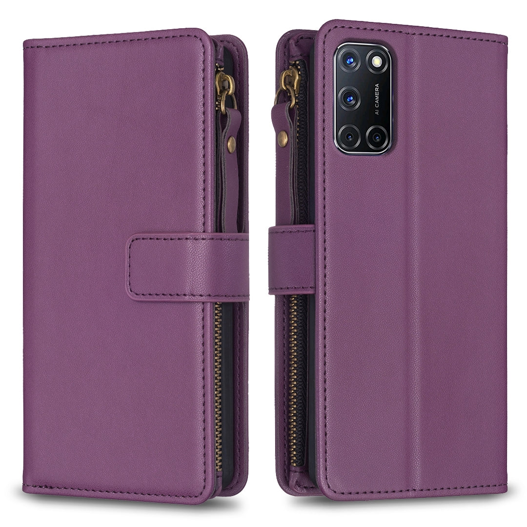 OPPO A92 Leather Flip Phone Case with Zipper Wallet and 9 Card Slots, Durable PU + TPU Material