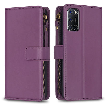 OPPO A92 Leather Flip Phone Case with Zipper Wallet and 9 Card Slots, Durable PU + TPU Material