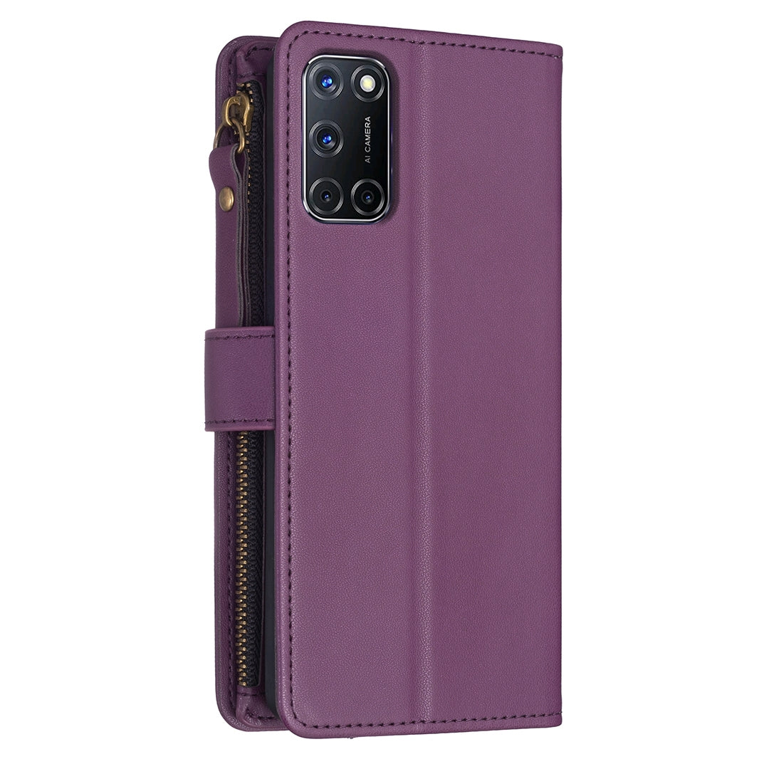 OPPO A52 Leather Flip Phone Case with Zipper Wallet and 9 Card Slots, Durable PU + TPU Material