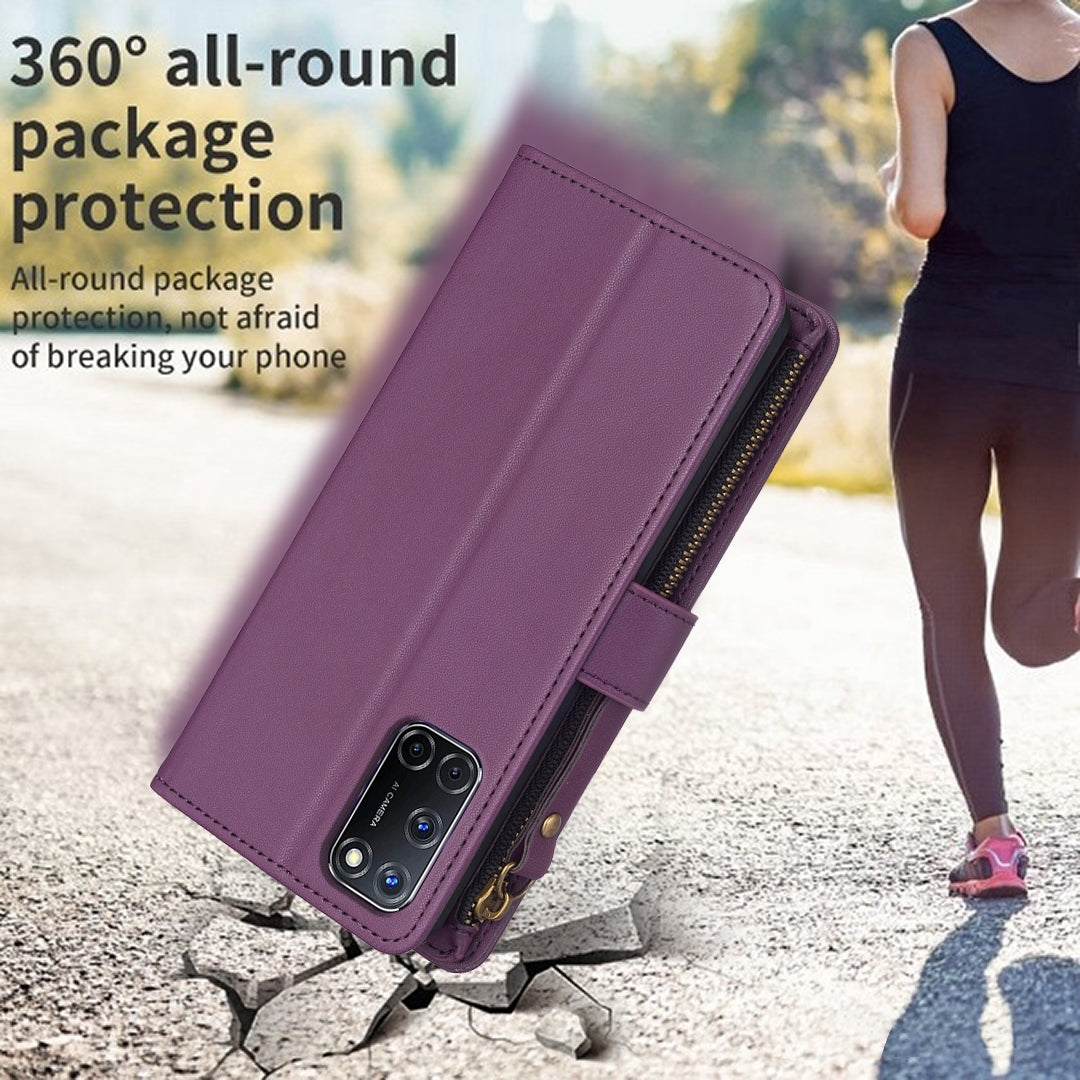 OPPO A92 Leather Flip Phone Case with Zipper Wallet and 9 Card Slots, Durable PU + TPU Material