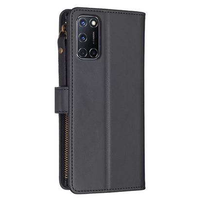 OPPO A92 Leather Flip Phone Case with Zipper Wallet and 9 Card Slots, Durable PU + TPU Material