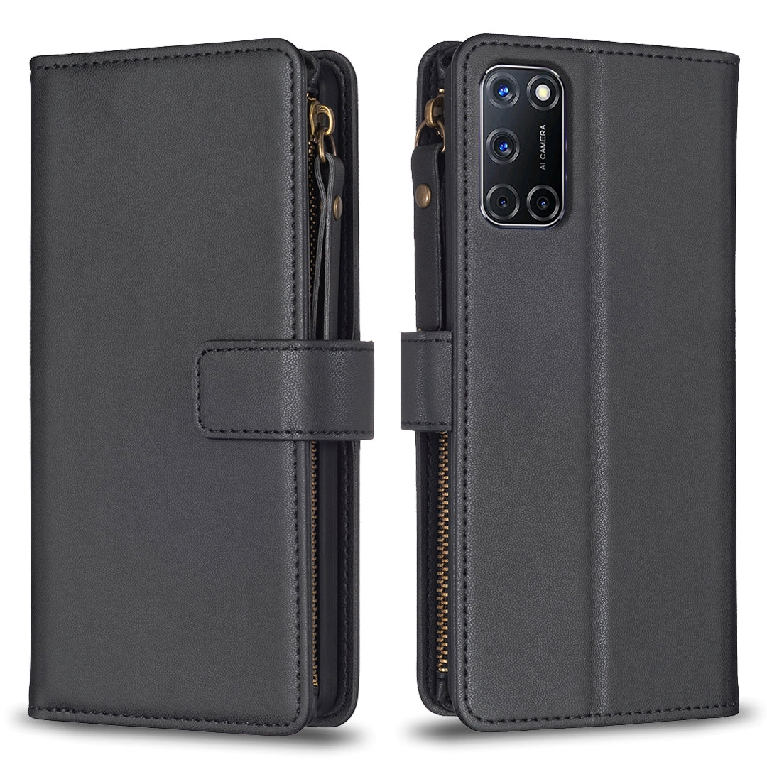OPPO A72 Leather Flip Phone Case with Zipper Wallet and 9 Card Slots, Durable PU + TPU Material