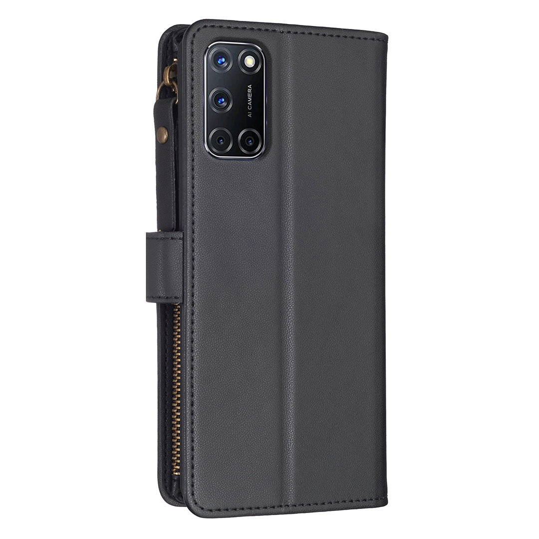 OPPO A72 Leather Flip Phone Case with Zipper Wallet and 9 Card Slots, Durable PU + TPU Material