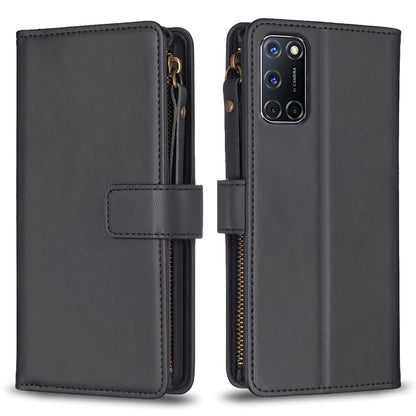OPPO A52 Leather Flip Phone Case with Zipper Wallet and 9 Card Slots, Durable PU + TPU Material