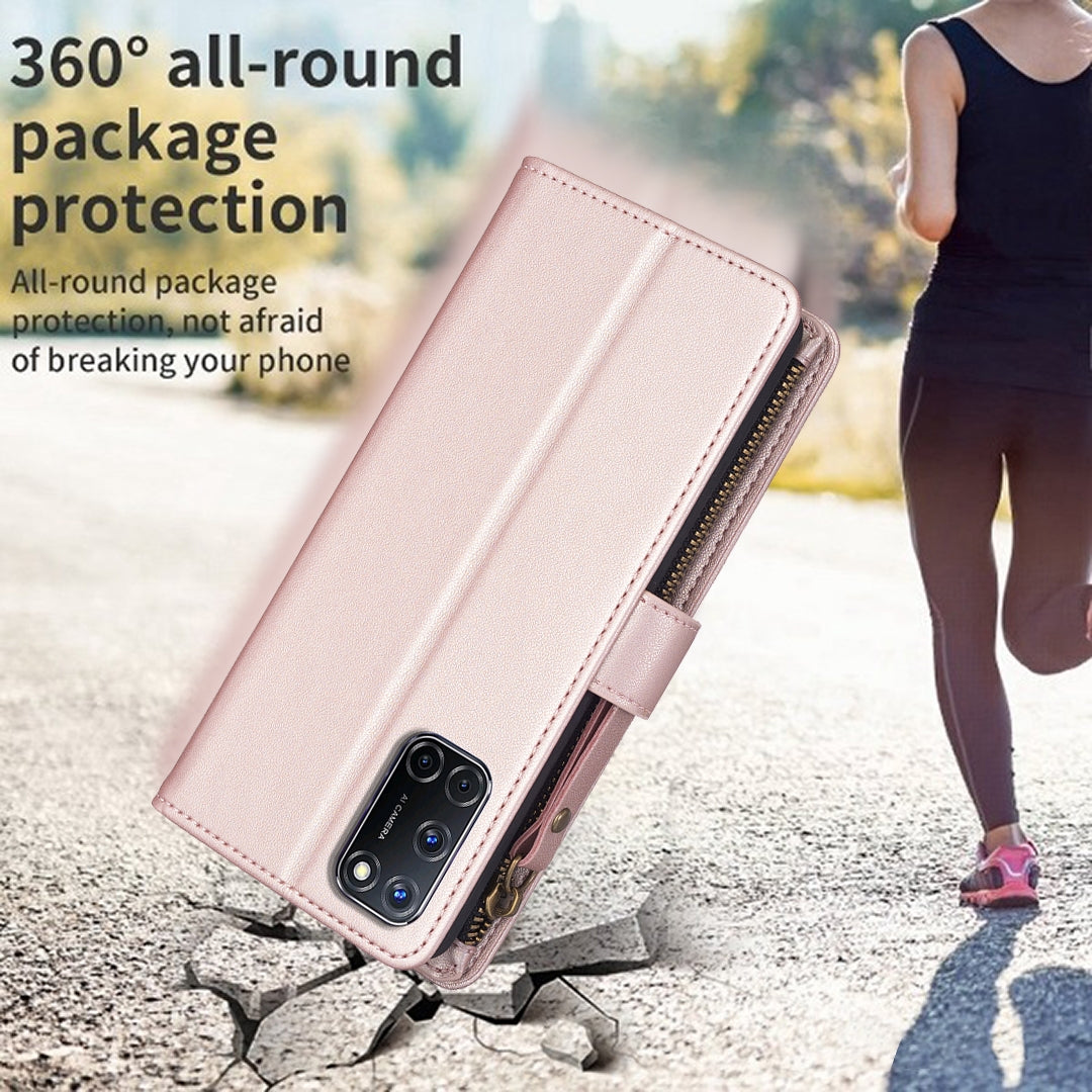 OPPO A52 Leather Flip Phone Case with Zipper Wallet and 9 Card Slots, Durable PU + TPU Material