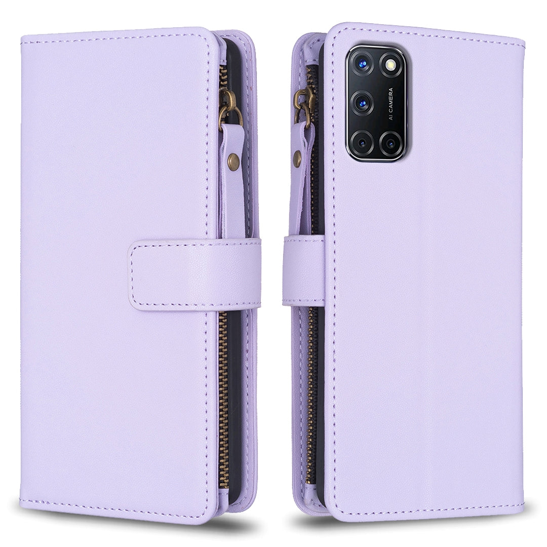 OPPO A92 Leather Flip Phone Case with Zipper Wallet and 9 Card Slots, Durable PU + TPU Material