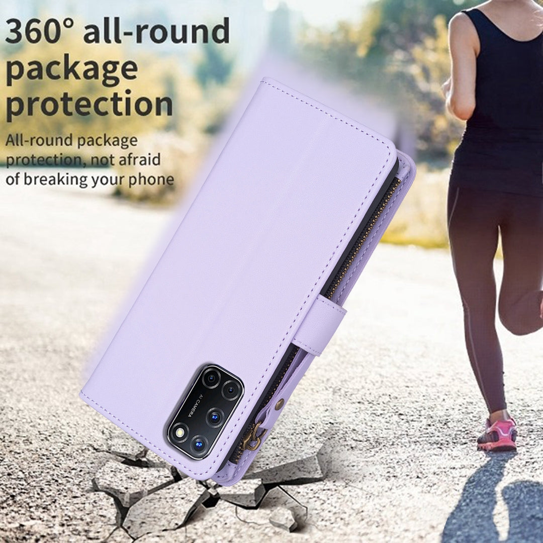 OPPO A72 Leather Flip Phone Case with Zipper Wallet and 9 Card Slots, Durable PU + TPU Material