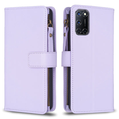 OPPO A52 Leather Flip Phone Case with Zipper Wallet and 9 Card Slots, Durable PU + TPU Material